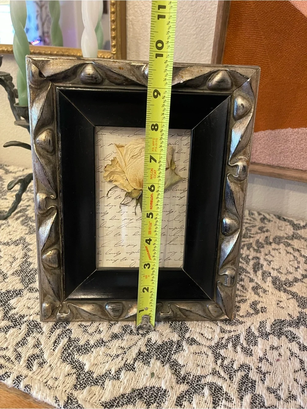 Decorative Black and Silver Photo Frame with Pressed Rose Accent